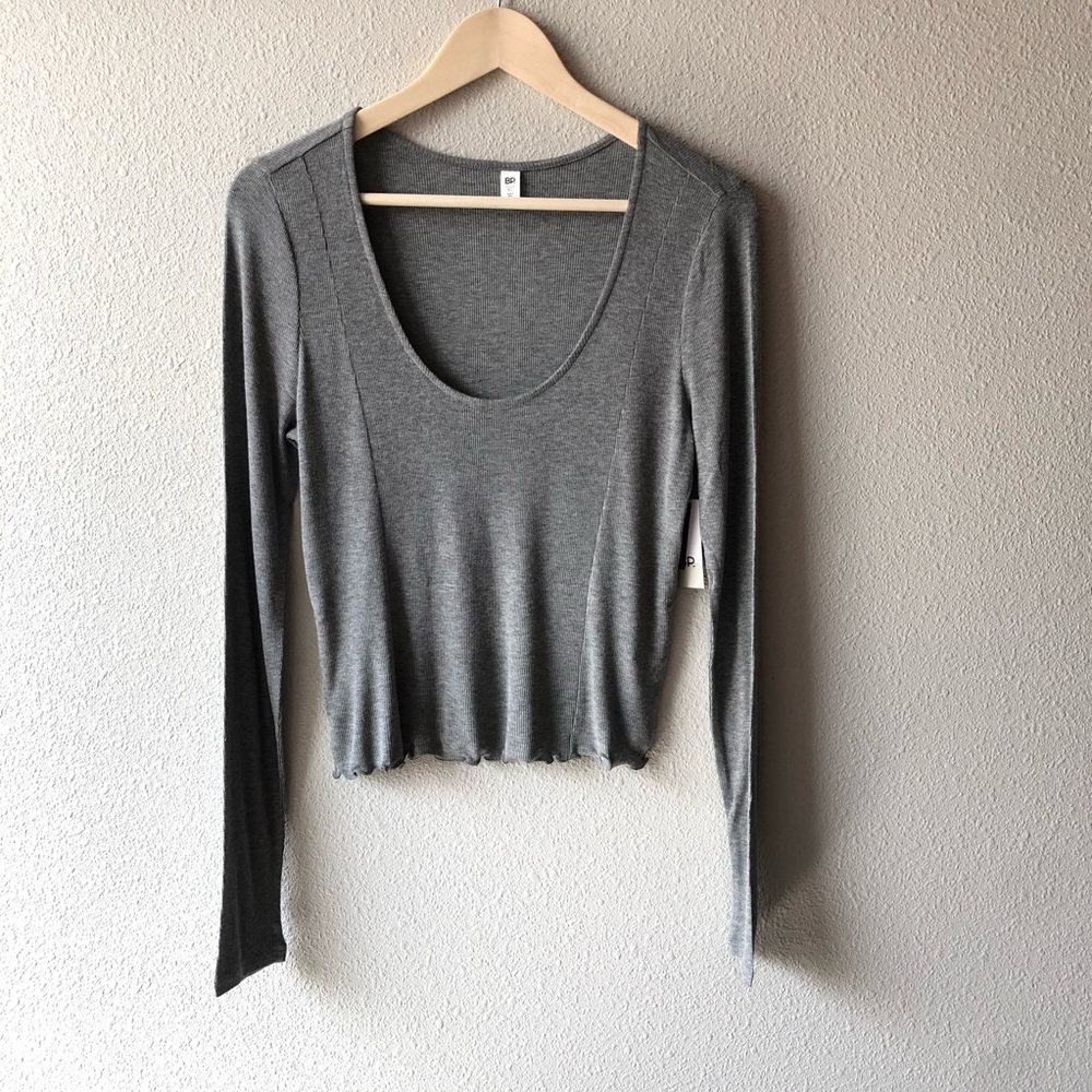 NWT Nordstrom BP LS Fitted Ribbed Scoop Neck Grey Minimalist Soft Cozy Casual